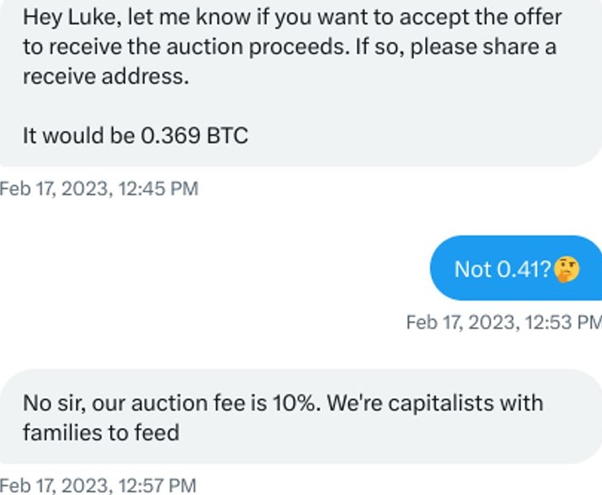 A message from a purported seller of the NFT offering Luke Dashjr a “donation” from the auction. Source: Luke Dashjr
