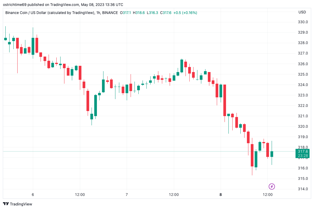 BNB USD 1-hour candle chart (Binance)